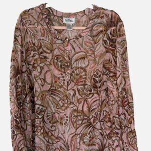Bob Mackie Studio 3X Silk Blend Boho Blouse Pink Metallic Floral Plus Size